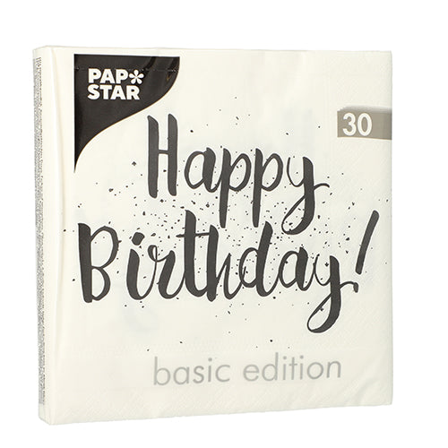 A pack of 30 napkins from PAPSTAR GmbH, 3-ply, 33x33 cm, 1/4 fold, with “Happy Birthday!” in large decorative letters on the front.