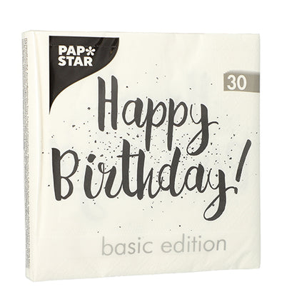 A pack of 30 napkins from PAPSTAR GmbH, 3-ply, 33x33 cm, 1/4 fold, with “Happy Birthday!” in large decorative letters on the front.