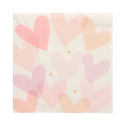 The PAPSTAR 20 napkins, 33x33 cm, by PAPSTAR GmbH are square 3-ply napkins with a white background and overlapping pink, peach, and purple hearts along with three small orange hearts in the center (design set 2).