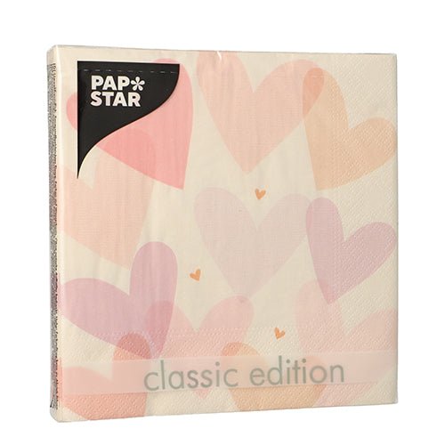 A pack of PAPSTAR 20 napkins, 33 cm x 33 cm, 3-ply, 1/4 fold, design set 2 by PAPSTAR GmbH features overlapping pastel hearts in pink, purple, and orange tones.