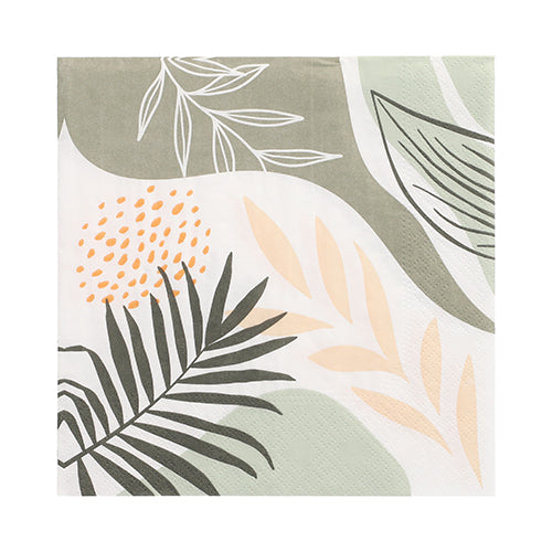 The PAPSTAR 20 napkins from PAPSTAR GmbH are 3-ply paper napkins, 33 x 33 cm, with an abstract botanical design in green, beige, and yellow on white. The Design Set 6 has a square shape and a practical 1/4-fold.