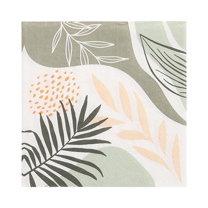 The PAPSTAR 20 napkins from PAPSTAR GmbH are 3-ply paper napkins, 33 x 33 cm, with an abstract botanical design in green, beige, and yellow on white. The Design Set 6 has a square shape and a practical 1/4-fold.