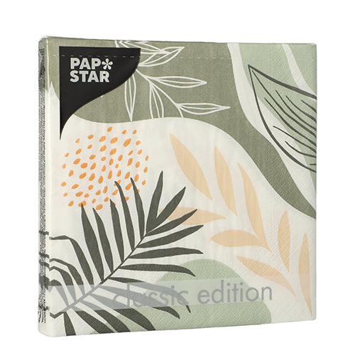 A pack of PAPSTAR 20 napkins, 33 cm x 33 cm, 3-ply, from the Design Set 6 of PAPSTAR GmbH, with a botanical green, beige, and cream leaf and abstract pattern on the packaging.