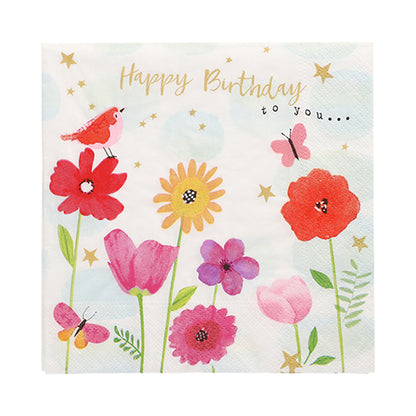 The napkins PAPSTAR 20 napkins 33x33 cm from PAPSTAR GmbH feature a floral and festive design with a red bird, butterflies, golden stars, and the text "Happy Birthday to you..." on a white background.