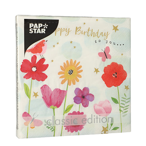 Die PAPSTAR 20 Servietten (33x33 cm, 3-lagig, 1/4-Falz) der PAPSTAR GmbH zeigen rote, rosa und gelbe Blumen, einen Vogel, einen Schmetterling, goldene Sterne und den Text "Happy Birthday to you..." mit dem PAPSTAR-Logo oben links.