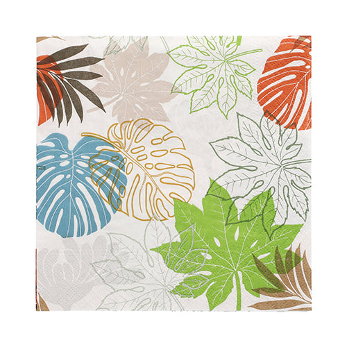 PAPSTAR GmbH 20 napkins, 33x33 cm, 3-ply, Design Set 1: Paper napkins with a tropical leaf pattern in green, blue, orange, brown, and beige on a white background. Some leaves are fully colored, others are just outlined.