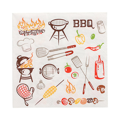 The PAPSTAR GmbH 20 napkins, 33x33 cm, 3-ply, 1/4-fold Design Set 1 feature illustrations on the theme of grilling such as grill, flames, chef's hat, tongs, skewers, vegetables, hot sauce, corn, and the text "BBQ" on a white background.