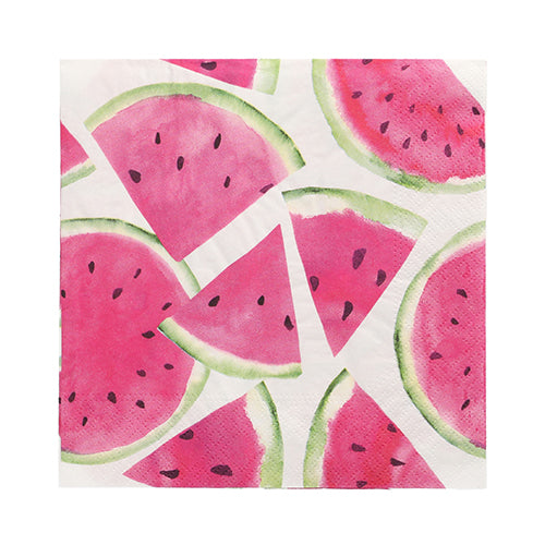 The PAPSTAR GmbH 20 napkins, 33 cm x 33 cm, 3-ply, feature a watercolor watermelon pattern with pink flesh and green rind on white. Durable and stylish - ideal for summer parties.