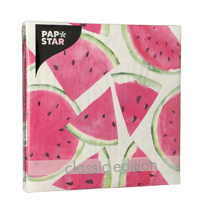The PAPSTAR 20 napkins, 33 cm x 33 cm, 3-ply from PAPSTAR GmbH have a white background with pink watermelon slices, green rinds, and black seeds. They come in a classic, square packaging with a 1/4-fold design (Set 1).