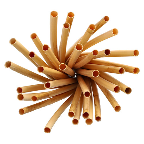 A bundle of PAPSTAR reed straws "pure" (10 mm x 25 cm, 50 pieces) made of environmentally friendly reed, arranged circularly from above, on a white background.