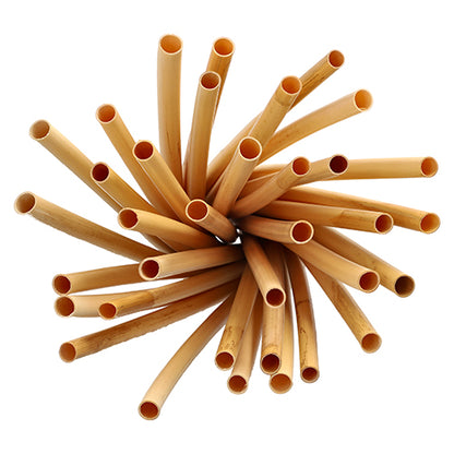 A bundle of PAPSTAR reed straws "pure" (10 mm x 25 cm, 50 pieces) made of environmentally friendly reed, arranged circularly from above, on a white background.