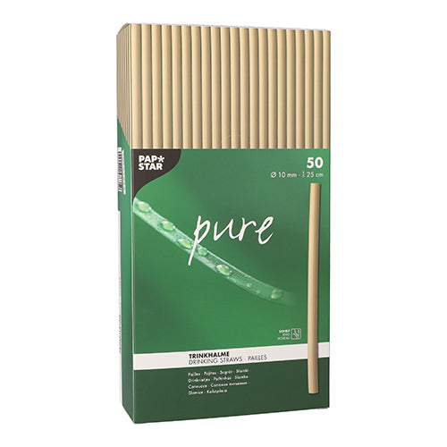 Eine grüne Schachtel der PAPSTAR GmbH mit der Aufschrift „pure“ enthält 50 beige Schilf-Trinkhalme (Ø10mm, 25cm) in einer Faltschachtel; Produktdetails sind mehrsprachig und die Strohhalme sind durch ein transparentes Oberteil sichtbar.