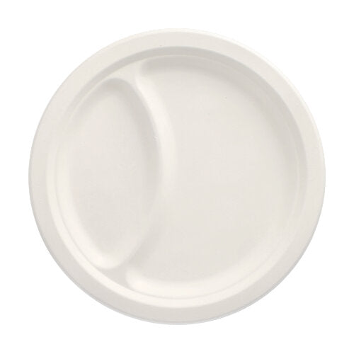 The PAPSTAR 50 plates sugarcane "pure" white by PAPSTAR GmbH is a sustainable, white disposable plate with two separate compartments and is made from sugarcane; depicted from above on a simple background.