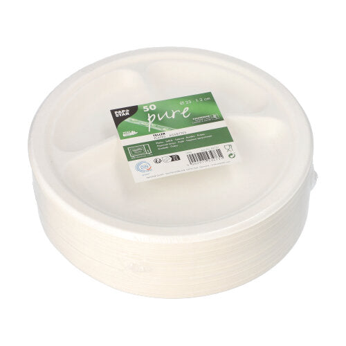 A stack of 50 round, white PAPSTAR "pure" sugarcane plates with three compartments, wrapped in film with a green-white label – practical and sustainable. Brand: PAPSTAR GmbH.