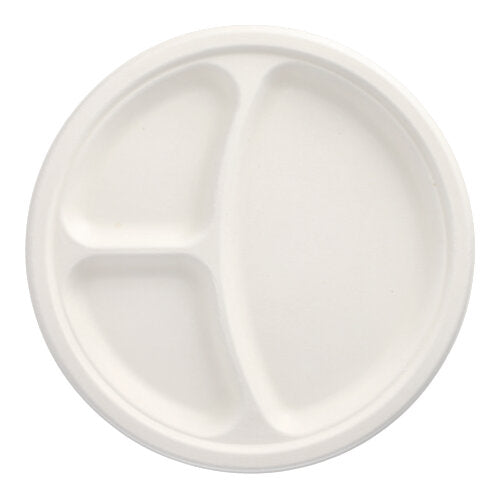 A round disposable plate PAPSTAR 50 plates, sugarcane "pure" white by PAPSTAR GmbH, with three compartments (one large, two small), sustainable and biodegradable – photographed empty from a bird's eye view against a white background.