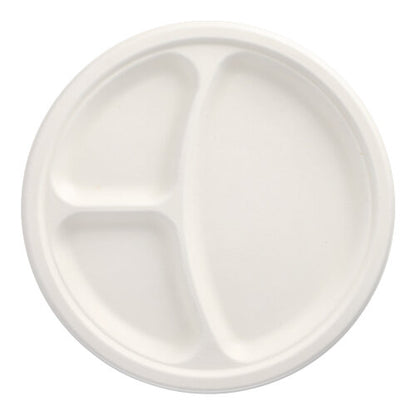 A round disposable plate PAPSTAR 50 plates, sugarcane "pure" white by PAPSTAR GmbH, with three compartments (one large, two small), sustainable and biodegradable – photographed empty from a bird's eye view against a white background.