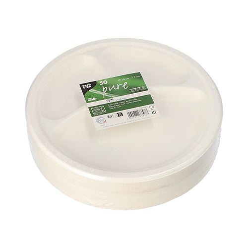 A stack of round, white PAPSTAR "pure" sugarcane plates with three compartments is packaged in plastic. The green-white label identifies the durable disposable plates of PAPSTAR GmbH in a pack of 50 pieces.