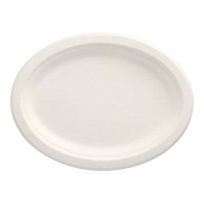 The PAPSTAR 50 plates, sugarcane "pure" of PAPSTAR GmbH is a white, oval disposable plate made from environmentally friendly sugarcane, depicted from above on a white background.