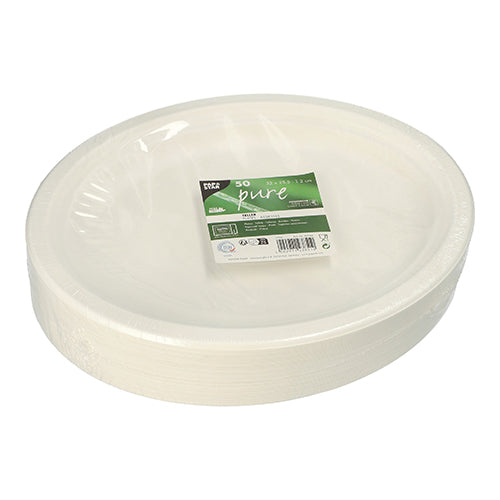 A stack of PAPSTAR 50 sugarcane "pure" disposable plates of PAPSTAR GmbH, wrapped in clear foil and labeled with a green-white tag, indicates that the biodegradable plates are made from sugarcane.