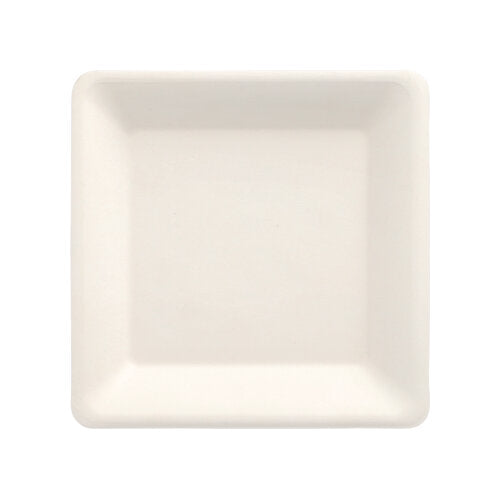 A PAPSTAR 50 plates, sugarcane "pure", square plate from PAPSTAR GmbH with slightly rounded edges, made from biodegradable sugarcane, shown from above on a white background.