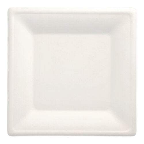 The PAPSTAR 50 plates, sugarcane "pure" from PAPSTAR GmbH is a white, square disposable plate with slightly raised edges - compostable and sustainable.