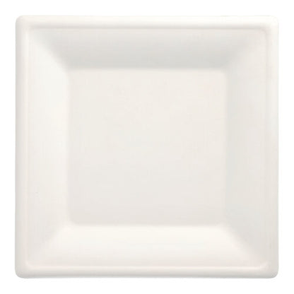 The PAPSTAR 50 plates, sugarcane "pure" from PAPSTAR GmbH is a white, square disposable plate with slightly raised edges - compostable and sustainable.