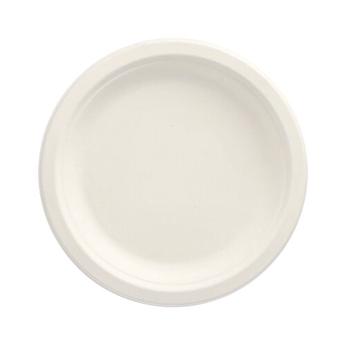 A simple, round PAPSTAR 12 plate made of sugarcane "pure" from PAPSTAR GmbH – white, undivided, from above on a white background – environmentally friendly and stylish for any table.