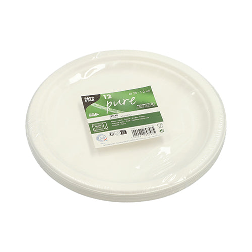 A stack of PAPSTAR 12 plates made of sugarcane "pure" undivided, compostable and environmentally friendly, from PAPSTAR GmbH, in plastic packaging with a green-white label.