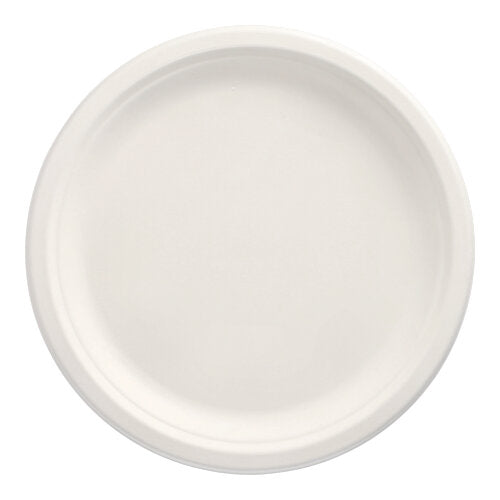 The PAPSTAR 12 plate made of sugarcane "pure" (undivided) from PAPSTAR GmbH is round, white, with a raised edge, compostable and environmentally friendly – photographed from above on a white background.