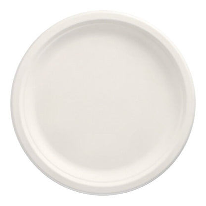 The PAPSTAR 12 plate made of sugarcane "pure" (undivided) from PAPSTAR GmbH is round, white, with a raised edge, compostable and environmentally friendly – photographed from above on a white background.