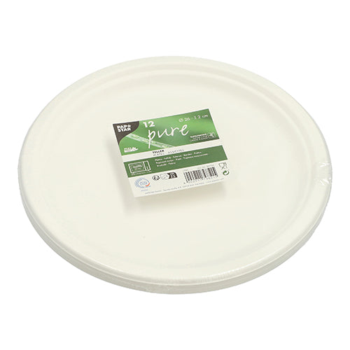 A stack of 12 round, white PAPSTAR "pure" sugarcane plates, undivided, compostable and environmentally friendly, from PAPSTAR GmbH, packed in plastic with a green-white label containing product details.