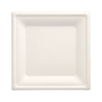 The PAPSTAR 12 plates, sugarcane "pure" square, white by PAPSTAR GmbH is a simple, square white plate with a slightly raised edge and smooth surface – an eco-friendly option for elegant food presentation.