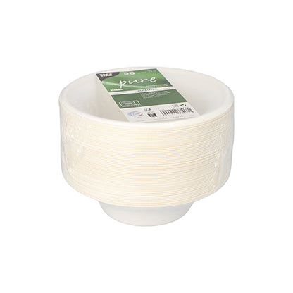 A stack of PAPSTAR 50 bowls made from sustainable sugarcane, white, individually wrapped in plastic, with a green-white PAPSTAR GmbH label on top for details and quantity.