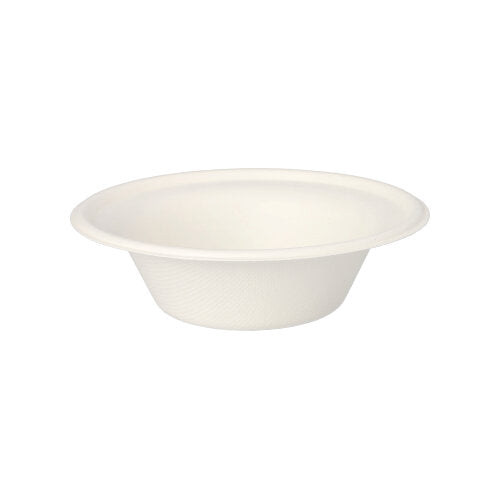The PAPSTAR GmbH 50 bowls, sugarcane "pure" white are simple, white disposable bowls with a wide rim, made from biodegradable and sustainable sugarcane, depicted against a white background.