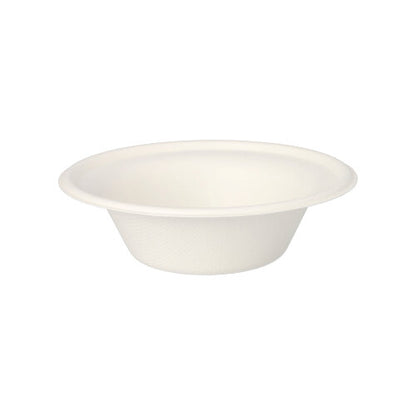 The PAPSTAR GmbH 50 bowls, sugarcane "pure" white are simple, white disposable bowls with a wide rim, made from biodegradable and sustainable sugarcane, depicted against a white background.