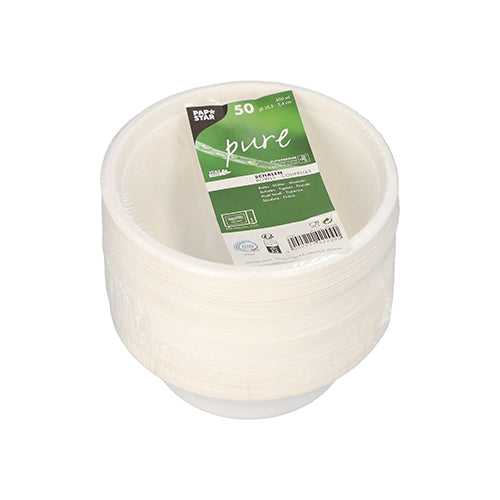 A stack of PAPSTAR 50 bowls made from white sugarcane, biodegradable and sustainable, wrapped in plastic with a green-white "pure" label. The PAPSTAR GmbH label contains product and brand information.