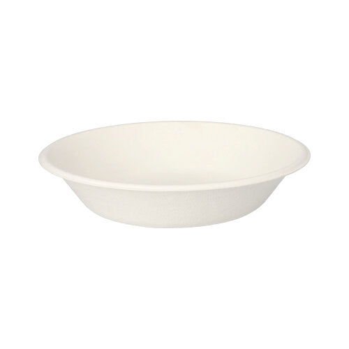 The 50 bowls, sugarcane "pure" white by PAPSTAR GmbH are simple, white, round flat bowls made from biodegradable material, presented on a white background.