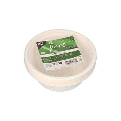Ein Stapel von 12 PAPSTAR Schalen, Zuckerrohr „pure“ der PAPSTAR GmbH in einer Verpackung mit grünem Etikett. Jede umweltfreundliche Einwegschale fasst 500 ml und besteht aus biologisch abbaubarem Material.