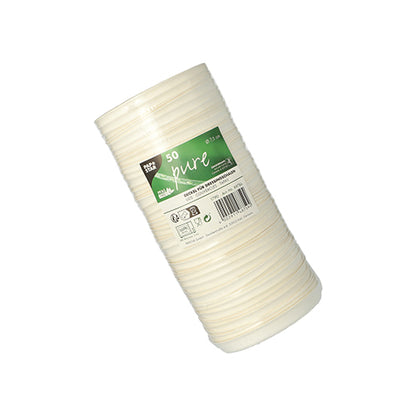 A stack of 50 PAPSTAR "pure" white lids for sugarcane dressing bowls from PAPSTAR GmbH, in a plastic packaging with a green-white label with product information and recycling symbols.