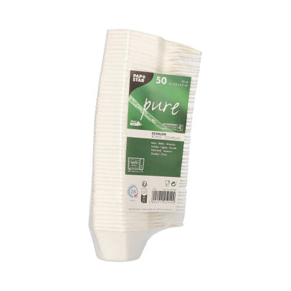 A pack of 50 white hexagonal "pure" sugarcane finger food bowls from PAPSTAR GmbH - eco-friendly disposable plates, perfect for sustainable gatherings.