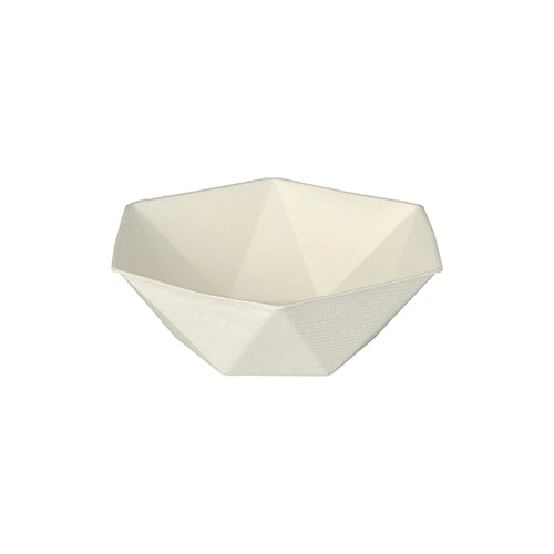 The white, 6-sided PAPSTAR bowl made from sugarcane ("pure"), depicted against a plain background, is characterized by a modern geometric design and a matte finish. This sustainable disposable bowl is delivered in a pack of 50 by PAPSTAR GmbH.