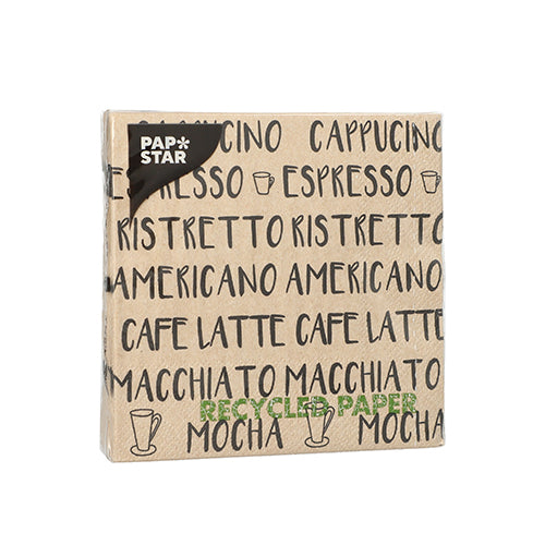 PAPSTAR 20 Servietten, 25x25 cm, 3-lagig, mit Kaffee-Motiven wie Cappuccino und Espresso in Schwarz – ideal für stilvolle Tischdekoration. Marke: PAPSTAR GmbH.