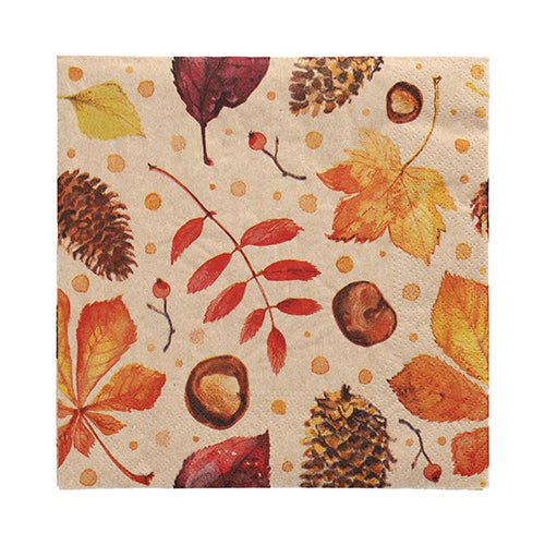 The PAPSTAR GmbH 20 napkins are 33x33 cm, 3-ply, and quarter-folded with an autumn motif of pinecones, acorns, chestnuts, red berries, and orange-yellow leaves on a beige background with yellow dots.