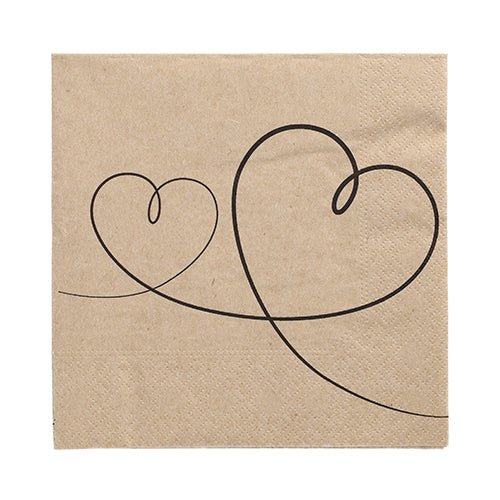 The PAPSTAR GmbH 20 napkins (33x33 cm, 3-ply, 1/4-folded, natural) feature two black-bordered heart shapes - one small and one large - connected by a curved line; ideal natural napkins with a charming design.