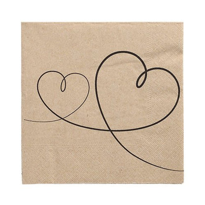 The PAPSTAR GmbH 20 napkins (33x33 cm, 3-ply, 1/4-folded, natural) feature two black-bordered heart shapes - one small and one large - connected by a curved line; ideal natural napkins with a charming design.