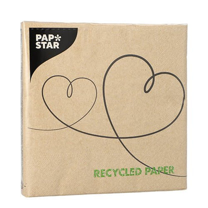 On a brown package with the inscription "PAPSTAR" in the corner with two heart outlines and "RECYCLED PAPER" is PAPSTAR 20 napkins, 33x33 cm, 3-ply, natural, from PAPSTAR GmbH.