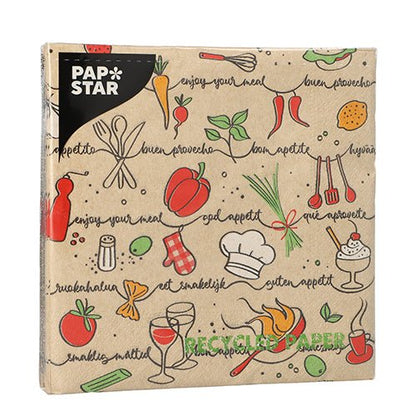 PAPSTAR GmbH 20 napkins, 33x33 cm, 3-ply, 1/4-folded natural: Stylish napkins made from recycled paper with hand-drawn food illustrations and "Enjoy your meal" in many languages on a brown background - perfect for natural dining moments.