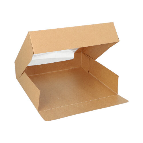 A PAPSTAR 25 cake boxes with lids rectangular with PLA window from the PAPSTAR GmbH in brown, with an environmentally friendly design and a transparent window on the top flap, displayed empty against a white background.