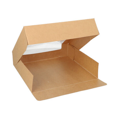 A PAPSTAR 25 cake boxes with lids rectangular with PLA window from the PAPSTAR GmbH in brown, with an environmentally friendly design and a transparent window on the top flap, displayed empty against a white background.