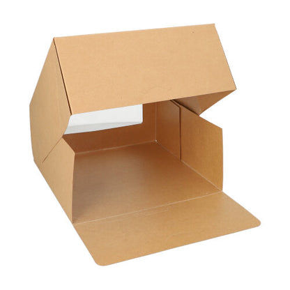 A PAPSTAR 25 cake boxes with a square lid with a PLA viewing window from PAPSTAR GmbH, shown open to display its interior and structure against a white background.